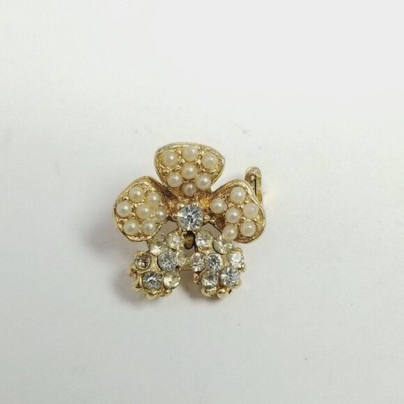 Vintage Tiny Rhinestone and Faux Pearl Flower Brooch, Pansy Lapel Pin, Estate - Picture 6 of 6
